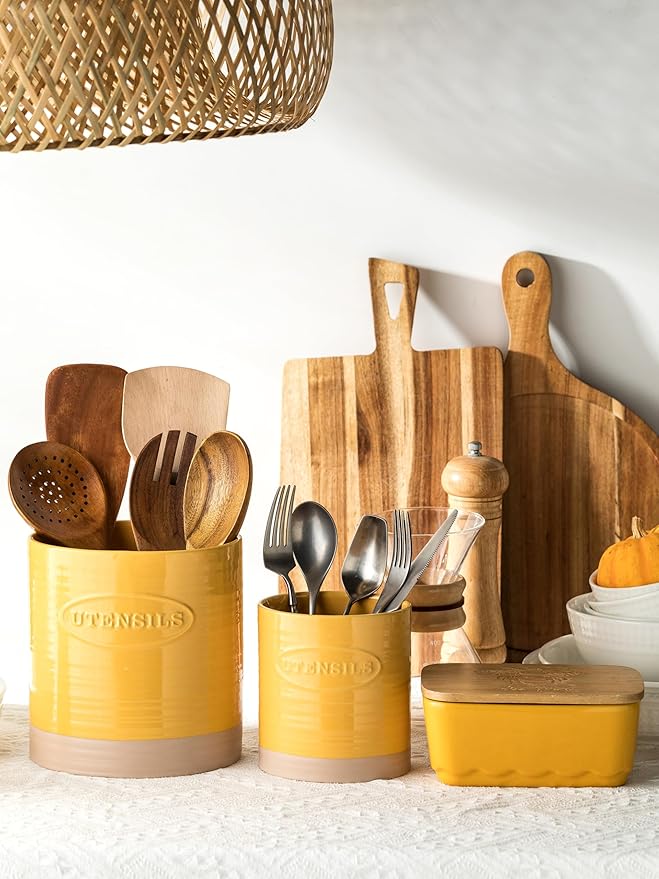 YHOSSEUN Kitchen Utensil Holder Set of 2, Ceramic Utensil Holder for Kitchen Counter, 6.7"+5.1" Cooking Utensil Crocks for Spatula, Oval Opening, Yellow