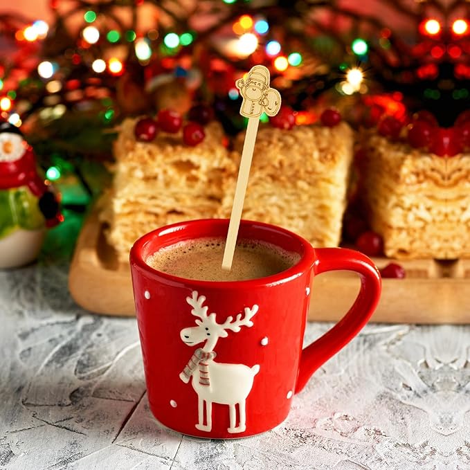 60PCS Bamboo Coffee Stirrers, 7inch Christmas Biodegradable Disposable Christmas Tree Santa Claus Reindeer Coffee Drink Cocktail Stirrers for Christmas Coffee Milk Office Home Hot Chocolate Bar