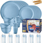 Wheat Straw Dinnerware Sets,48-Piece Plates and Bowls Sets for 6-Unbreakable,Reusable Plastic Dish Set-Dinner Plate/Dessert Plate/Cereal Bowl/Cup/Utensils-Microwavable Dishwasher Safe 48P-Blue