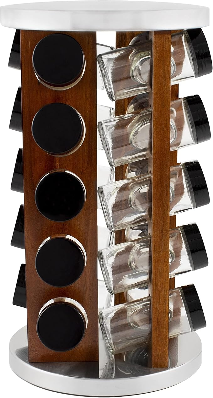 Orii Dark Acacia Wood Spice Rack with 20 EMPTY jars with Black Plastic Lids and FREE Stainless Steel Funnel & Labels