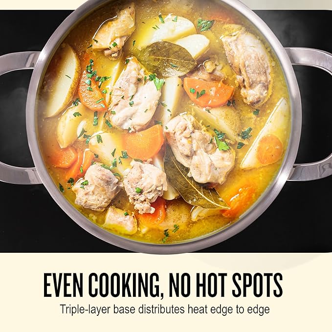 Alva Maestro 8Qt Tri-Ply Stainless Steel Stock Pot, Lid – Induction & Oven Safe, Professional Grade, Even-Heat Cooking – Non-Toxic 18/10 Steel, Dishwasher Safe, Heavy-Duty Soup Pot, Measurement Marks