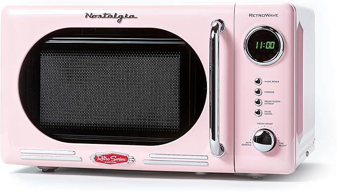 Nostalgia Retro Compact Countertop Microwave Oven 0.7 Cu. Ft. -700-Watts with LED Digital Display-Child Lock-Easy Clean Interior-Pink
