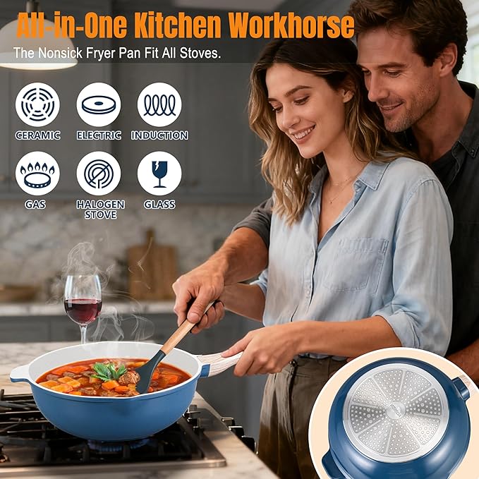 AOSION 12 Inch Nonstick Ceramic Deep Frying Pan,5.5QT Sauté Pan with lid,Large Skillet with Steam Rack,Healthy Jumbo Cooker,Stay Cool Handle,Induction Compatible, PFOA & PFAS Free. (BLUE)