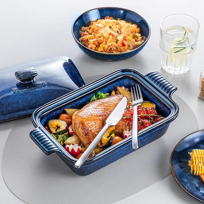 vancasso Starry Casserole Dish With Lid, 1.9 Quart Deep Lasagna Pan Ceramic Bakeware Covered Casserole Dish Blue