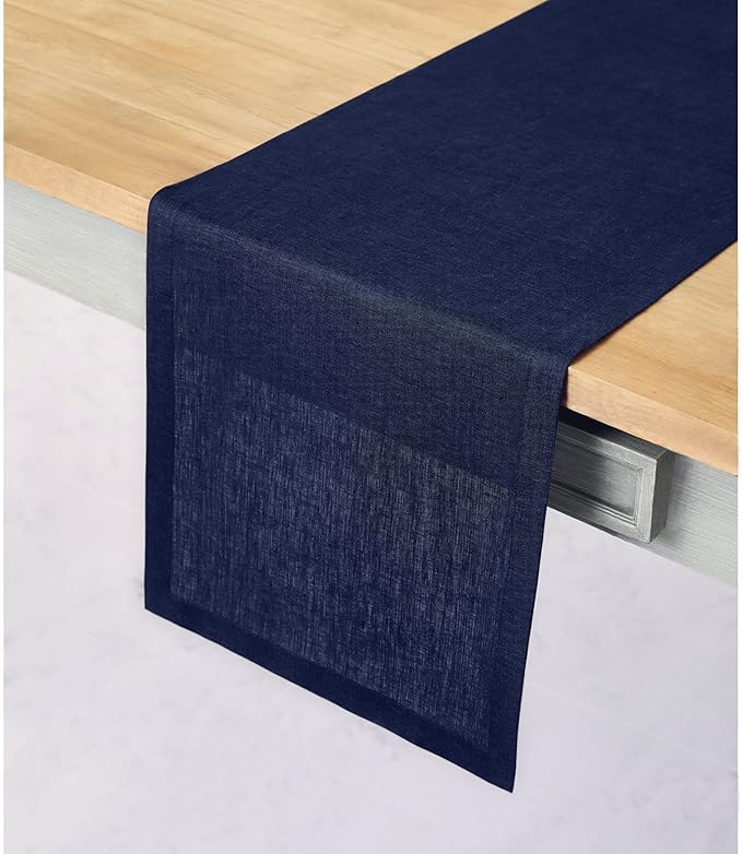 Solino Home Linen Navy Table Runner 144 Inches Long - 100% Pure Linen Extra Long Table Runner 14 x 144 Inch for Summer, Fall, Autumn - Fete