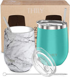 THILY Stainless Steel Stemless Wine Glasses 12 oz Vacuum Insulated Wine Tumbler with Lid and Straw, Reusable, Keep Cold & Hot for Drinks, Coffee, Cocktails, 2 Pack(Teal + Marble)