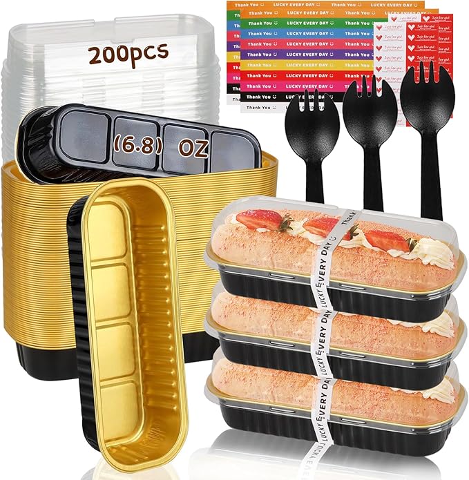200 Pack Mini Loaf Pans Mini Cake Pans with Lids and Spoons Sealing Sticker, 6.8oz Rectangle Aluminum Foil Baking Pans Disposable Loaf Cake Pan for Baking (Black)