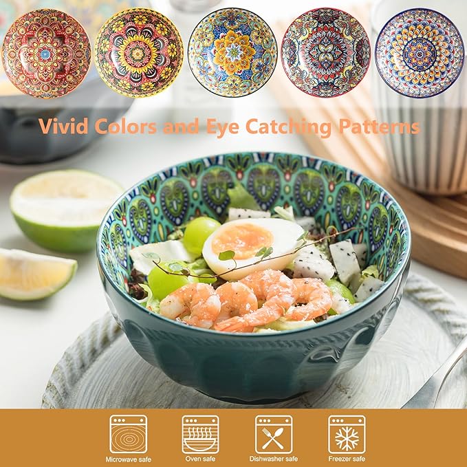 Cereal Bowls Set of 6, Bohemian Soup Bowls, 30 oz Colorful Ceramic Serving Bowls for Kitchen, Breakfast, Boho Decorative Bowl, Microwave Oven Safe Bowl for Salad, Pasta, Oatmeal