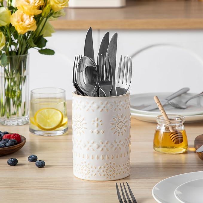LOVECASA Utensil Holder, 7.2"+5.4" Ceramic Utensil Holder for Countertop, Large Cooking Utensil Crocks for Kitchen Counter, Farmhouse Utensil Vase for Housewarming, Kitchen Decor, Set of 2, Oasis