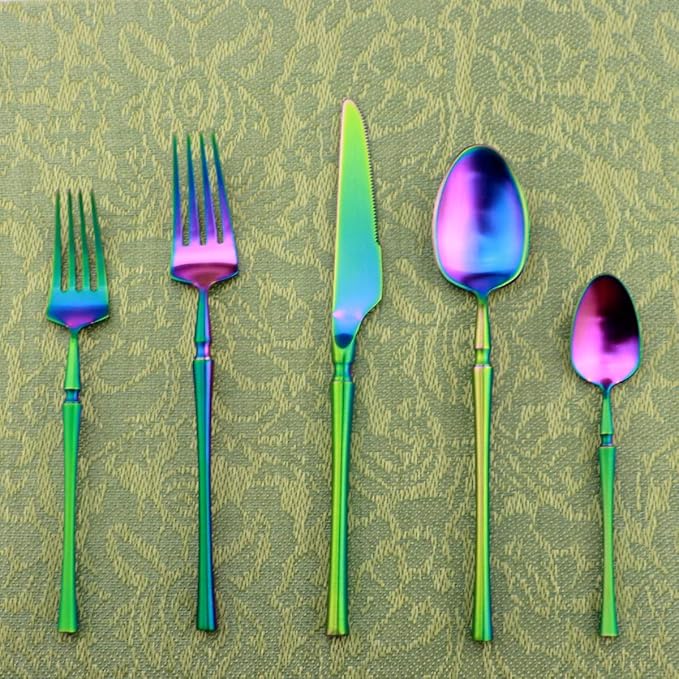 Gugrida Unique & Beautiful Flatware Set - 5 Piece Iridescent Silverware Sets | 18/10 Stainless Steel Reusable Cutlery Set | Rainbow Utensils Service For 1 with Dessert Fork, Knife, Spoon, Dinner Fork