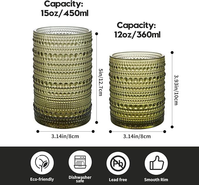 Vintage Hobnail Drinking Glasses Set of 12 (15oz) – Embossed Green Textured Tumblers, Non-Slip, Dishwasher Safe for Cocktails, Whiskey, Bar & Kitchen Cups