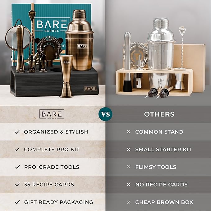 BARE BARREL® Mixology Bartender Kit Bar Set | 14-Piece Cocktail Shaker Set | Martini Barware Mixing Tools for Home Bartending | Incl. 35 Recipe Cards | Gift Set (24oz Cobbler Shaker, Brass/Black)