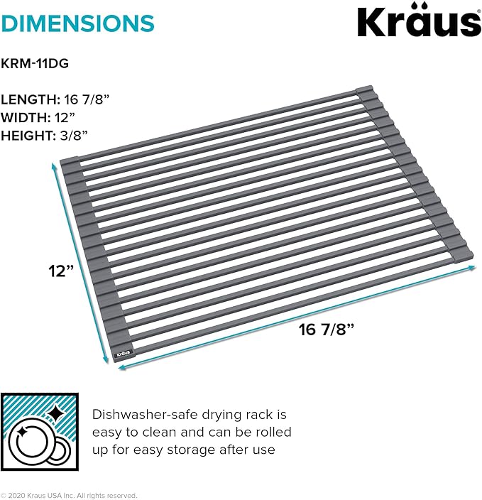 Kraus Multipurpose Workstation Sink Roll-Up Dish Drying Rack, Colander and Trivet in Dark Grey, KRM-11DG