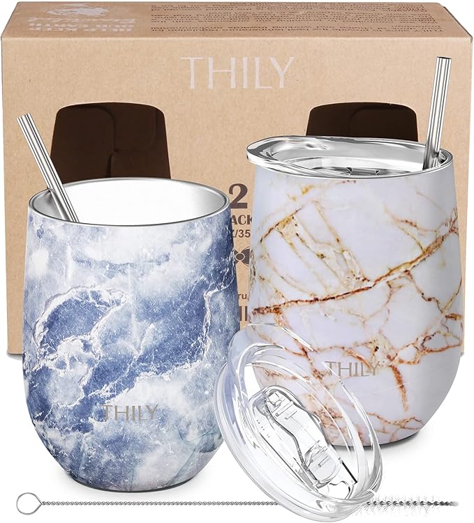 THILY Stainless Steel Insulated Wine Tumblers 12 oz Cute Travel Stemless Glasses with Sliding Lids and Metal Straws, Keep Hot or Cold for Wine, Coffee, Juice, 2 Pack(Gold Marble + Blue Marble)