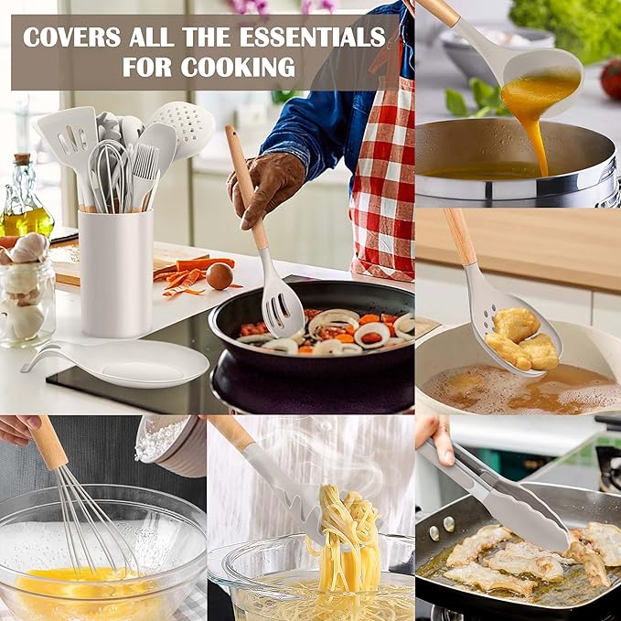 E-far Silicone Kitchen Utensils Set with Holder, 25-Piece Cooking Utensil Set with Wooden Handle for Nonstick Cookware, 446°F Heat Resistant Kitchen Tool Spatula Tong Whisk, Non-toxic & Healthy, Khaki