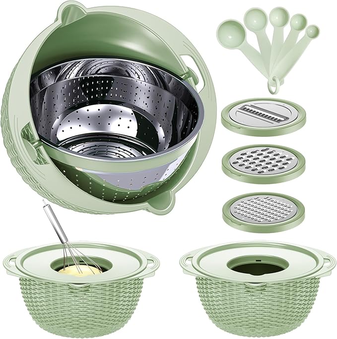 4-1 Strainer Bowl with Lid Set - Strainers and Colanders - Colanders for kitchen - Food Strainer with Graters & Spoons - Fruit Washing Bowl with Colander Pasta Rice Strainer for Veggie Wash Green