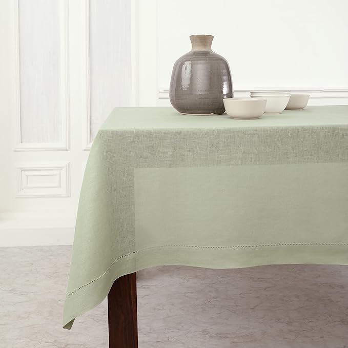 Solino Home Sage Green Linen Tablecloth 52 x 52 Inch - 100% Pure Linen Square Table Throw - Classic Hemstitch, Machine Washable Table Cloth for Summer, Fall, Autumn