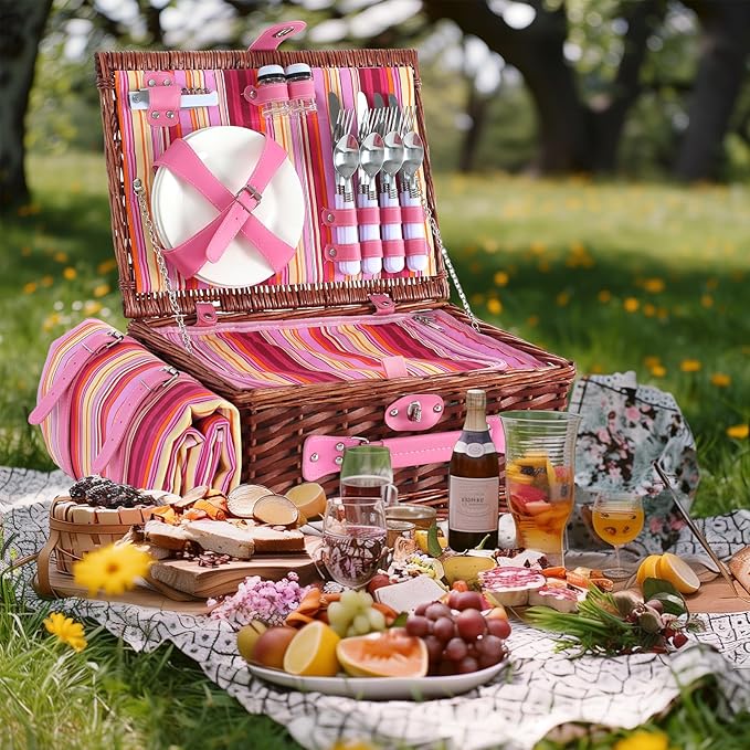 Picnic Basket Set for 4 with Waterproof Blanket Mat Insulation Bag Wicker Pink Red Stripe Classic Gift for Wedding Birthday Summer Camp Outdoor Camping Beach Travel Christmas Vacation