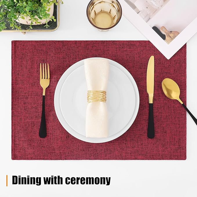 Homaxy Cloths Placemats for Dining Table Set of 8, Heat Resistant Washable Cotton Linen Blend Table Mats, Easy to Clean Place Mats for Indoor Outdoor Party Kitchen Decoration, 13" x 19", Red