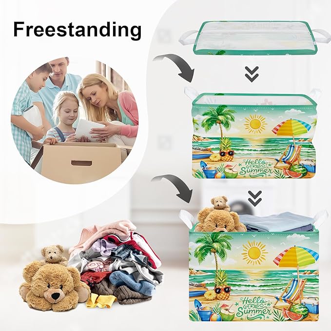 Summer Tropical Beach Storage Basket Collapsible Clothes Kid Laundry Hamper Palm Tree Large Picnic Basket Boy Girl Book Toy Box Bin, Green, 36L
