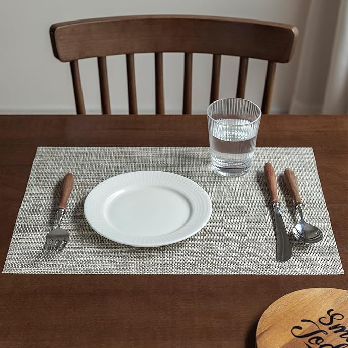 LEXMORE PlaceMats Set of 12 Vinyl/Plastic Woven Place Mats for Kitchen Table Indoor/Outdoor Washable PlaceMat Wipeable Dining Table Mats(Caramel)