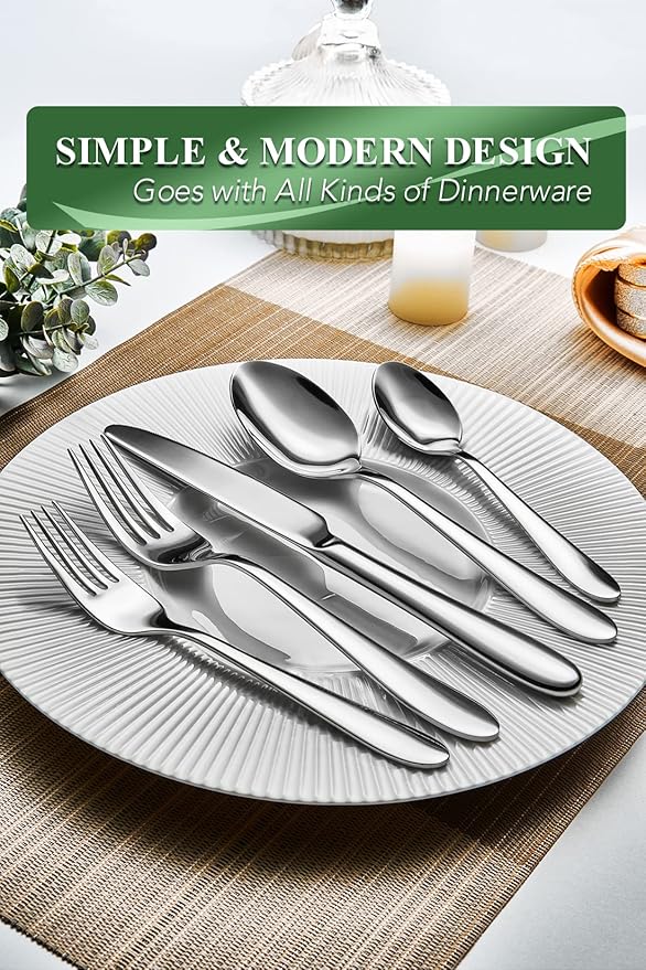 40 Piece Silverware Set for 8, Stainless Steel Flatware Set, Cutlery Sets with Mirror Finish, Dishwasher Safe, Modern Kitchen Forks, Spoons, Knives, Eating Utensil Sets