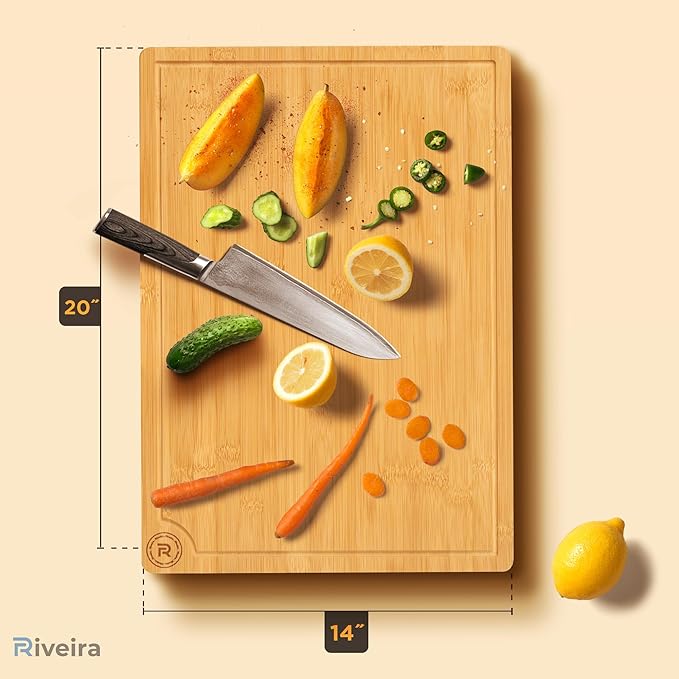 Riveira Cutting Boards For Kitchen – Gourmet Bamboo Grandeur: 20 x 14 Inches Bamboo Wood Cutting Board – Natural Non Toxic Cutting Board – Innovative Juice Grooves Wood Cutting Boards For Kitchen