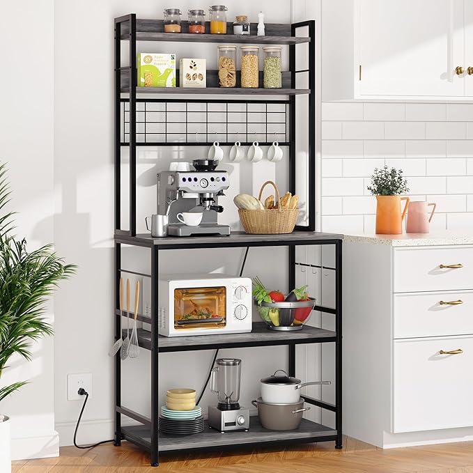 Shintenchi Bakers Rack with Power Outlet, Large Storage Space, 10 Hooks Coffee Bar with Metal Wire Panel, High Microwave Stand, Classic Kitchen Storage Shelf Design, Grey