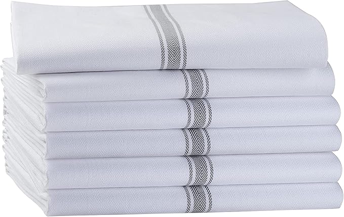 LANE LINEN Kitchen Towel Set, 6 Pack Dish Towels for Kitchen, 100% Cotton Absorbent Tea Towels, Quick Dry, 14"x25", Herringbone Weave, Reusable, Machine Washable, Soft for Drying Dishes - Grey Stripe