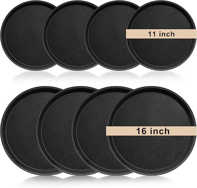 Zopeal 8 Pieces Black Round Restaurant Serving Tray, Plastic Non Slip Surface Food Meals Server Tray with Raised Edges for Home, Kitchen, Restaurant, Cafeteria, Bar (11",16")