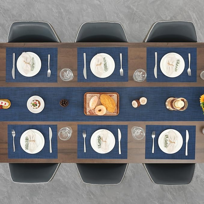 Myir JUN Placemats Set of 8, Vinyl Woven Placemats Place Mats Indoor Set of 8 Washable Table Mats Non-Slip Place mats for Dining Table (Dark Blue, Set of 8)