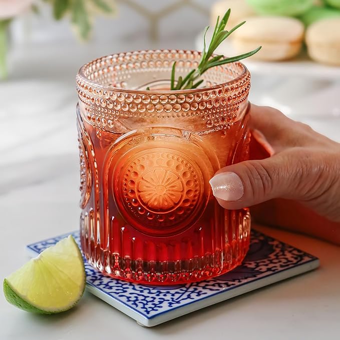 Kate Aspen Ribbed Retro Arch Floral Rose Gold Drinking Glasses Set of 6, (10 oz) Vintage Glassware Set Cocktail Glass Set, Juice Glass, Water Cups | Great Hostess Gift & Gift for New Home Owners