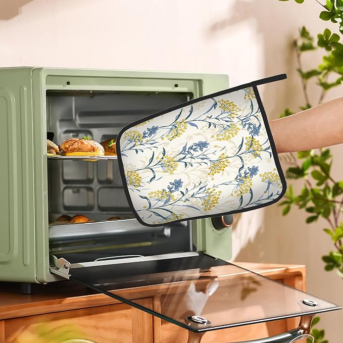Vintage Floral Plan Pot Holders Set of 2 Heat Resistant Potholders,Yellow Blue Fire Oven Hot Pads for Kitchen Cooking Baking Barbecue