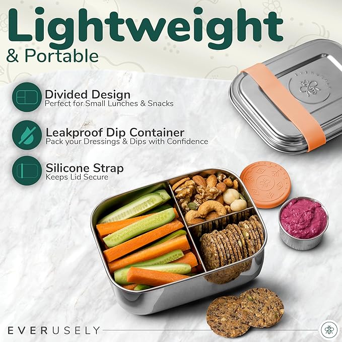Everusely - Bento Box - Orange, 27oz / 0.8 L - Stainless Steel Lunch Box with Leakproof Condiment Container - 3 Compartment Snack Organizer for On the Go Meals - Freezer & Dishwasher Safe
