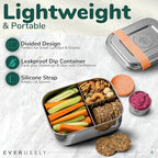 Everusely - Bento Box - Orange, 27oz / 0.8 L - Stainless Steel Lunch Box with Leakproof Condiment Container - 3 Compartment Snack Organizer for On the Go Meals - Freezer & Dishwasher Safe