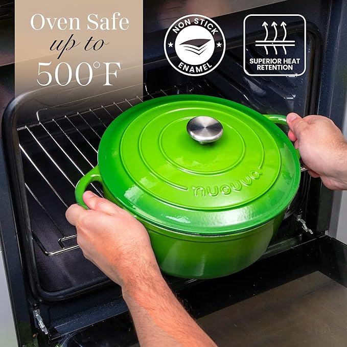 Nuovva Enamelled Cast Iron Dutch Oven Pot with Lid – 6.4 Quart Non Stick Casserole Pot – Heavy Duty & Oven Safe up to 500° F for Bread Baking, Braising, Stews, Roasting – 28cm Green
