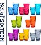 US Acrylic Optix Plastic Reusable Drinking Glasses (Set of 16) 14oz Rocks & 20oz Water Cups in Jewel Tone Colors | BPA-Free Tumblers, Made in USA | Top-Rack Dishwasher Safe