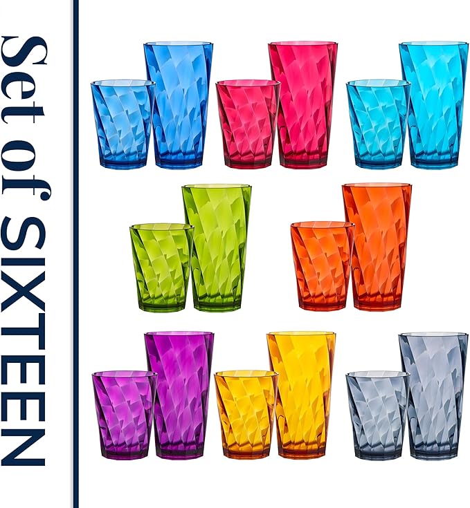US Acrylic Optix Plastic Reusable Drinking Glasses (Set of 16) 14oz Rocks & 20oz Water Cups in Jewel Tone Colors | BPA-Free Tumblers, Made in USA | Top-Rack Dishwasher Safe