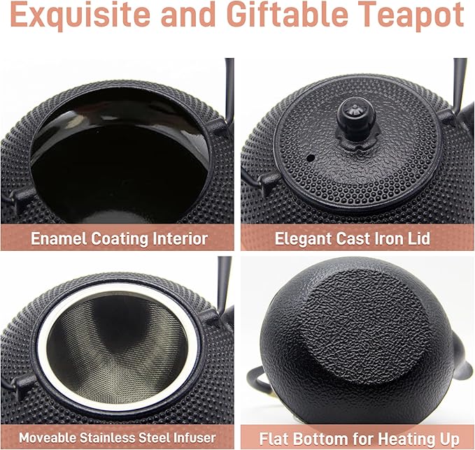 Japanese Tetsubin Cast Iron Teapot Tea Kettle pot with Stainless Steel Infuser for Stovetop Safe Coated with Enameled Interior (Black, 27.1oz)