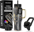 Coldest Tumbler with Handle and Straw - 100% Leak Proof Insulated Tumbler with Lid and Straw (3 Lids) - Stainless Steel Tumblers for Women & Men - Cup Holder Friendly Base, 36 oz (Black Luna)