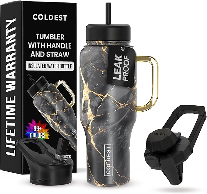 Coldest Tumbler with Handle and Straw - 100% Leak Proof Insulated Tumbler with Lid and Straw (3 Lids) - Stainless Steel Tumblers for Women & Men - Cup Holder Friendly Base, 36 oz (Black Luna)