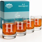 On The Rox Drinks [H-Monogram] - 4 Piece Set of 11 Ounce Engraved Heavy Base Rocks Whiskey Bourbon Glasses Elegant Glass-Multi-Purpose Beverage-Rocks Glass- Ideal Gift for any Occasion