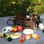 Picnic Basket Set for 4 with Waterproof Blanket Mat Insulation Bag Wicker Navy Blue Brown Stripe Vintage Retro Classic Gift for Wedding Birthday Summer Camp Outdoor Camping Travel Christmas