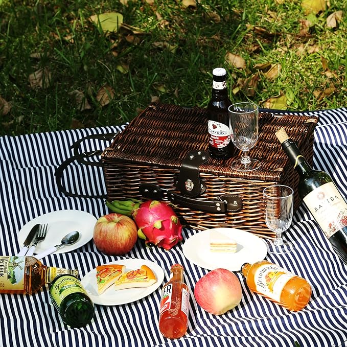 Picnic Basket Set for 4 with Waterproof Blanket Mat Insulation Bag Wicker Navy Blue Brown Stripe Vintage Retro Classic Gift for Wedding Birthday Summer Camp Outdoor Camping Travel Christmas