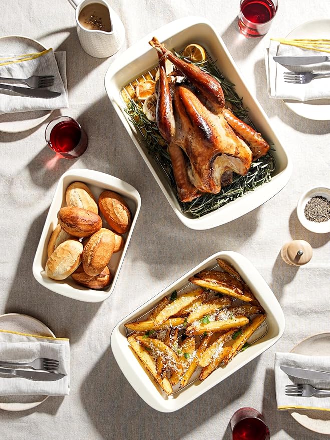 LE TAUCI Deep Casserole Dishes for Oven, 13.7”x9.6” Ceramic Baking Dish Set with Roasting Racks, Large Lasagna Pans with Handles, Rectangular Bakeware as Gift for Mom, Dusty Blue (4.6QT/3.0QT/1.6QT), Set of 3