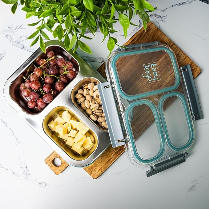 Large Stainless Steel Bento Box for Adults – 3 Compartment, 40oz Meal Prep Lunch Box with Lid, Reusable Snack Container for Men & Women, Dishwasher Safe, Blue