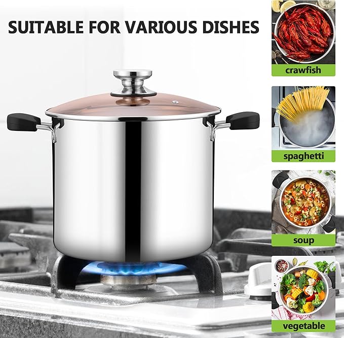 E-far 10 Quart Stock Pot, Tri-ply Stainless Steel Stockpot with Lid for Cooking Stewing Simmering Soup, Stay-Cool Handles & Heavy Duty, Compatible with Induction Gas Electric, Dishwasher Safe