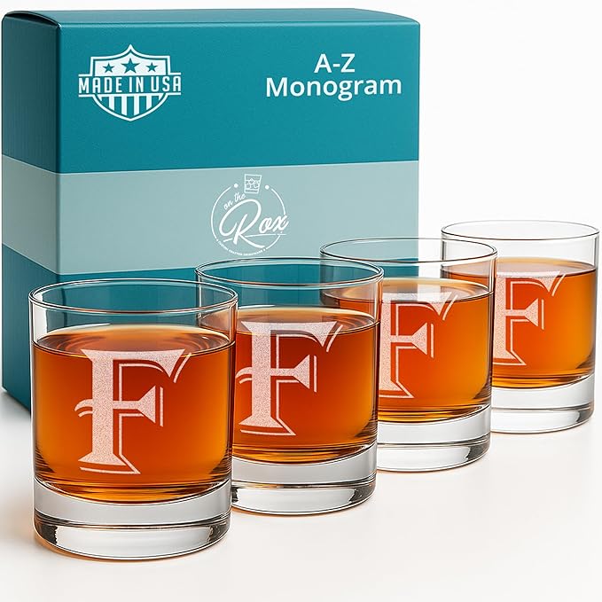 On The Rox Drinks 4 Piece Glass Set Engraved with F Monogram, 11 Ounce