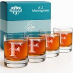 On The Rox Drinks 4 Piece Glass Set Engraved with F Monogram, 11 Ounce