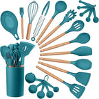 HaWare Kitchen Cooking Utensils Set, 23-Piece Silicone Kitchen Utensils Spatula Set with Holder, Heat Resistant Wooden Handle Kitchen Gadget for Nonstick Cookware, Food-grade Turner Spoon Sets (Blue)